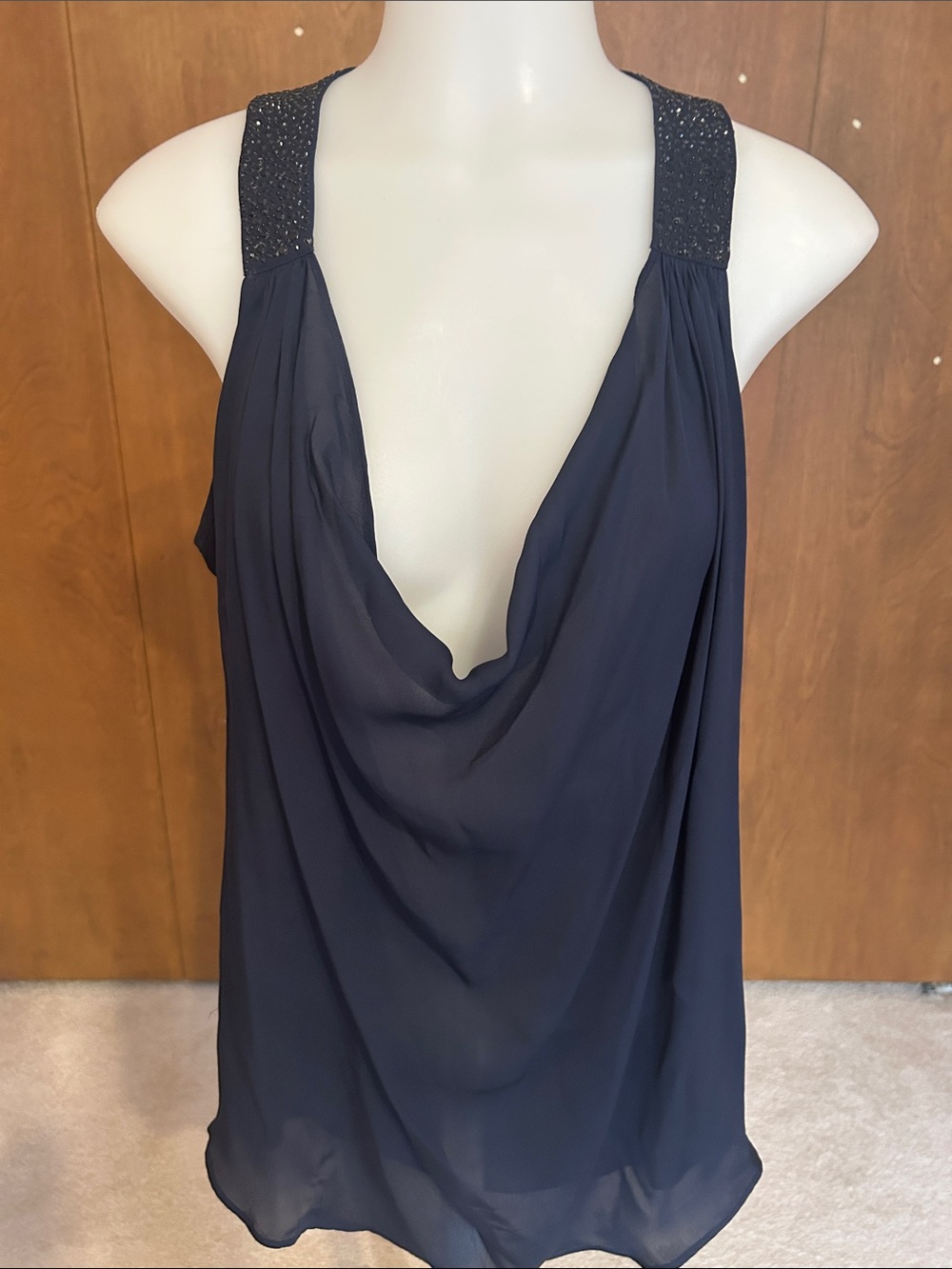 Navy Beaded Strap Cowl Neck Tank